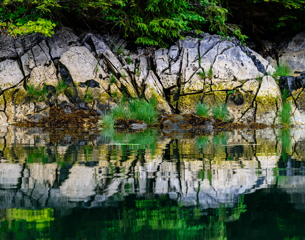 A shoreline with a reflection mirroring into the water